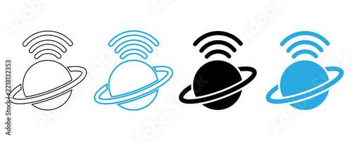 Saturn planet icon set with orbit rings in black and blue, vector design