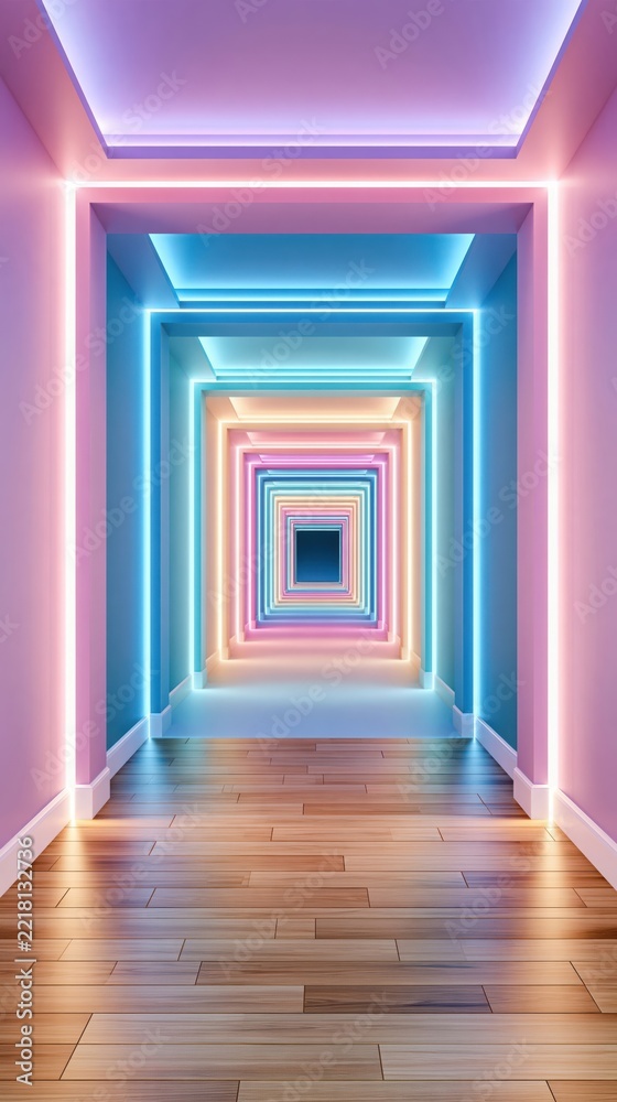 Fototapeta premium Infinite glowing corridor with neon pink and blue lights, wooden floor, abstract geometric perspective