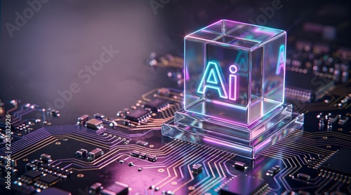 Glowing artificial intelligence glass cube processor on computer motherboard
