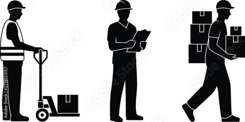Silhouettes of workers with a pallet jack, clipboard, and stacked boxes warehouse logistics