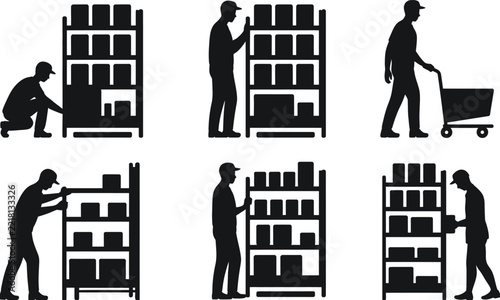 Warehouse Worker Stocking Shelves and Shopping Cart shelf product