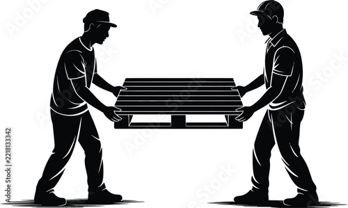 Two men in silhouette carrying a wooden pallet on white background cargo