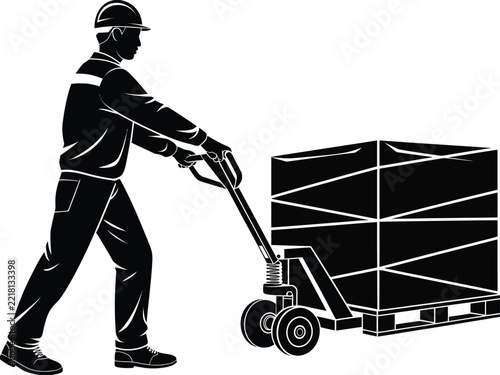 Worker Using Pallet Jack to Move Boxes Silhouette manual forklift mover