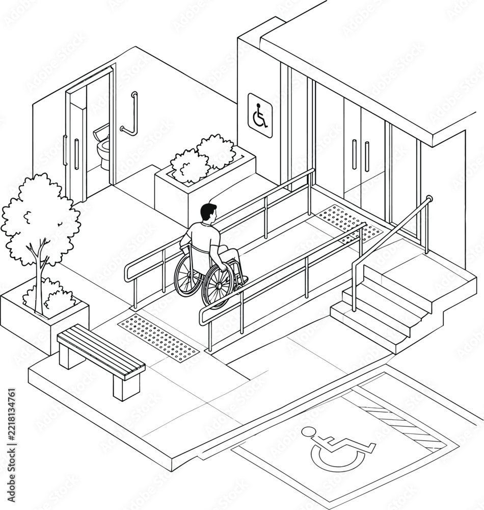 Fototapeta premium Isometric illustration depicts accessible building entrance with wheelchair ramp and signage