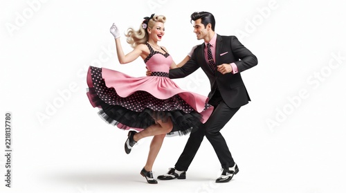 Retro Couple Dancing Rock and Roll in 1950s Style Outfits