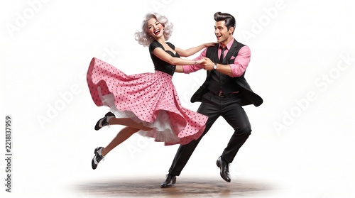 Retro Couple Dancing Rock and Roll in 1950s Style Clothing with Pink Polka Dot Dress