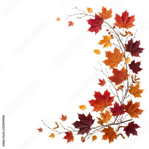 Maple leaves botanical corner frame isolated on transparent background for autumn seasonal graphic design projects