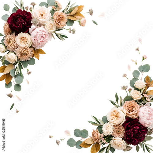 Peony and rose floral corner arrangement isolated on transparent background for wedding invitation design