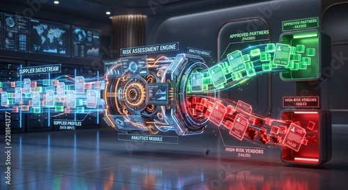 Third party risk chain with connected vendors, supply chain risk, compliance controls, and monitoring signals.
