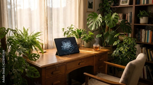 Cozy Plant-Filled Study Corner with Tablet Displaying 3D Wireframe