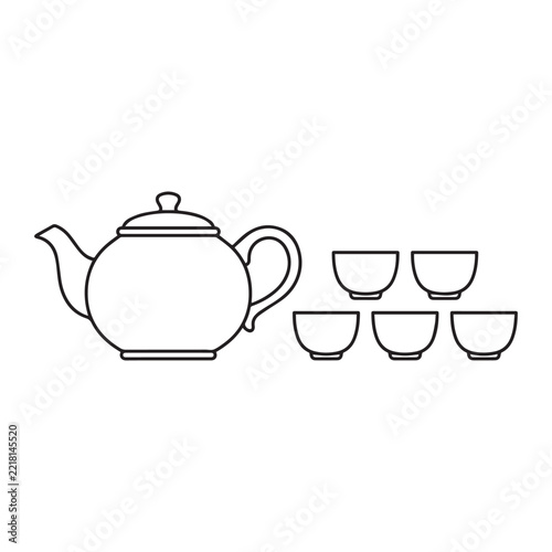 Tea set drawing with ceramic teapot and cups for traditional beverage service outline design.