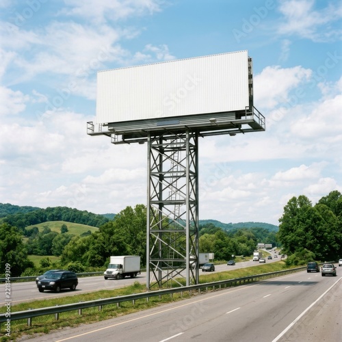 Blank Billboard Along a Highway with Green Rolling Hills and Blue Sky Copy Space for Advertising