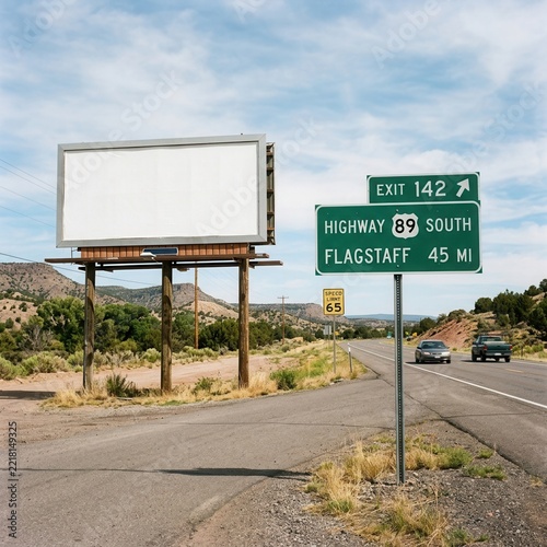 Blank billboard and highway sign for Flagstaff Arizona on a sunny day in the desert landscape