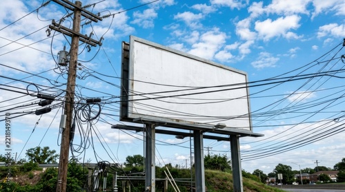 Blank Billboard and Tangled Power Lines Against Blue Sky with Clouds Outdoor Advertising Space