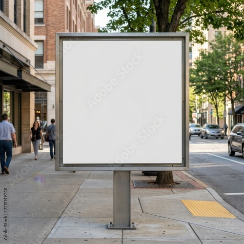 Blank Billboard Mockup on City Sidewalk with Pedestrians and Traffic Advertising Space