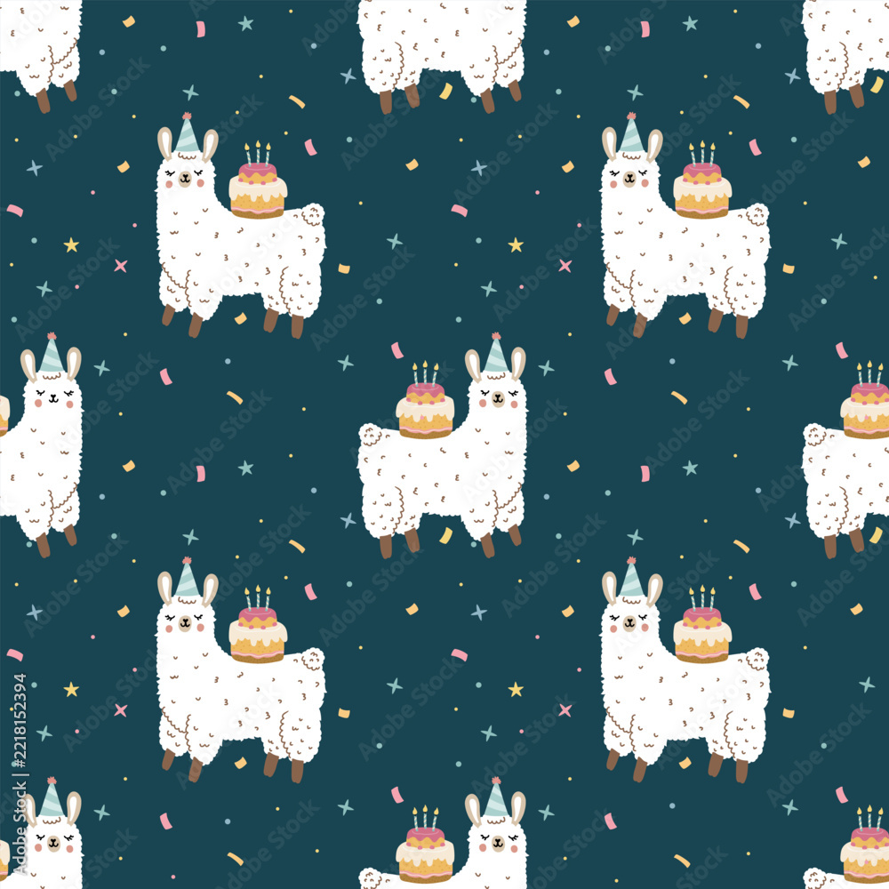 Fototapeta premium Funny Llama with birthday cake seamless pattern, lettering happybirthday