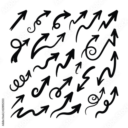 Collection of hand drawn black arrows pointing in different directions isolated on white background