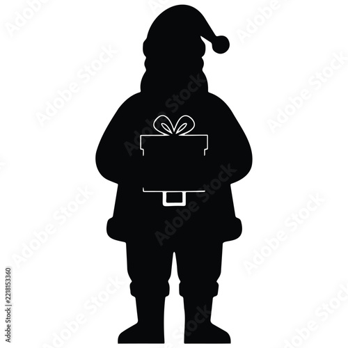 Standing santa claus silhouette holding a christmas gift box for holiday season design.