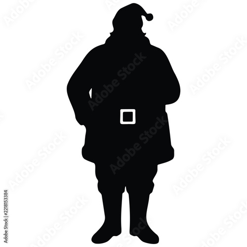 Standing santa claus with belt buckle silhouette isolated on white background for posters.