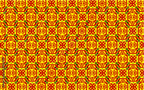 Seamless ethnic ornamental texture with intricate red and yellow geometric design for textile and wallpaper