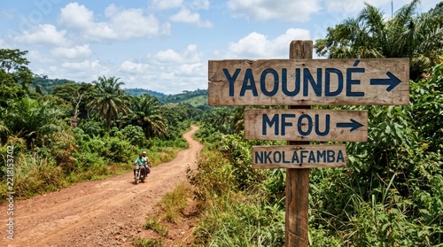 African Rural Road Sign to Yaounde and Mfou Lush Greenery Motorcycle Traveler