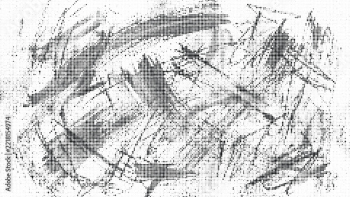 Chaotic abstract scribble texture captures expressive raw pencil strokes detailed with stippled halftone dots.