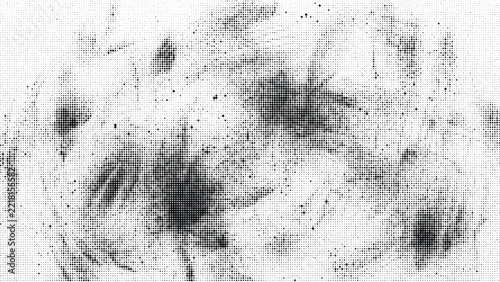 Expressive painterly smudge texture blends deep black ink blotches with weathered halftone stipple noise.