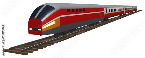 Streamlined red passenger locomotive with coaches on railway track, isolated