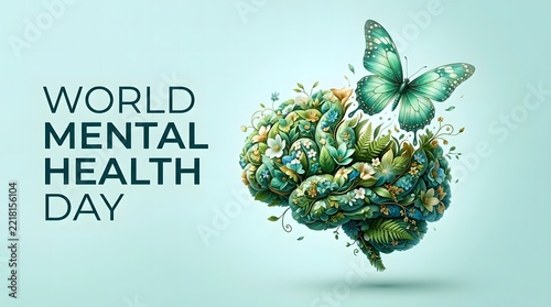 Floral brain with leaves and a butterfly for World Mental Health Day