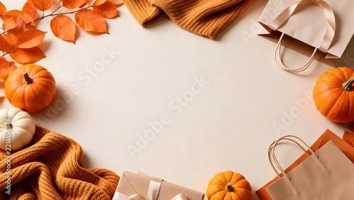 Autumn sale background with pumpkins shopping bags and warm sweater