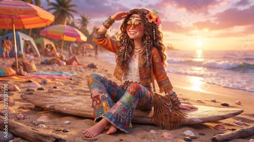 Bohemian woman enjoying a sunset on a tropical beach with a surfboard and colorful attire
