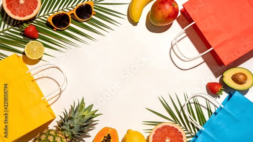 Summer sale shopping with colorful paper bags and fresh fruits on