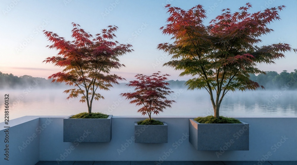 Fototapeta premium Japanese maple trees grow in modern concrete planters on balcony. Red foliage plants sit by calm lake with morning mist. Peaceful garden view at dawn with soft sunrise light. Minimalist zen