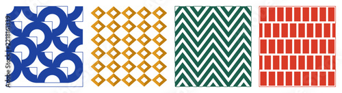 Set of four geometric seamless patterns featuring circles, diamonds, zigzags, and brick shapes