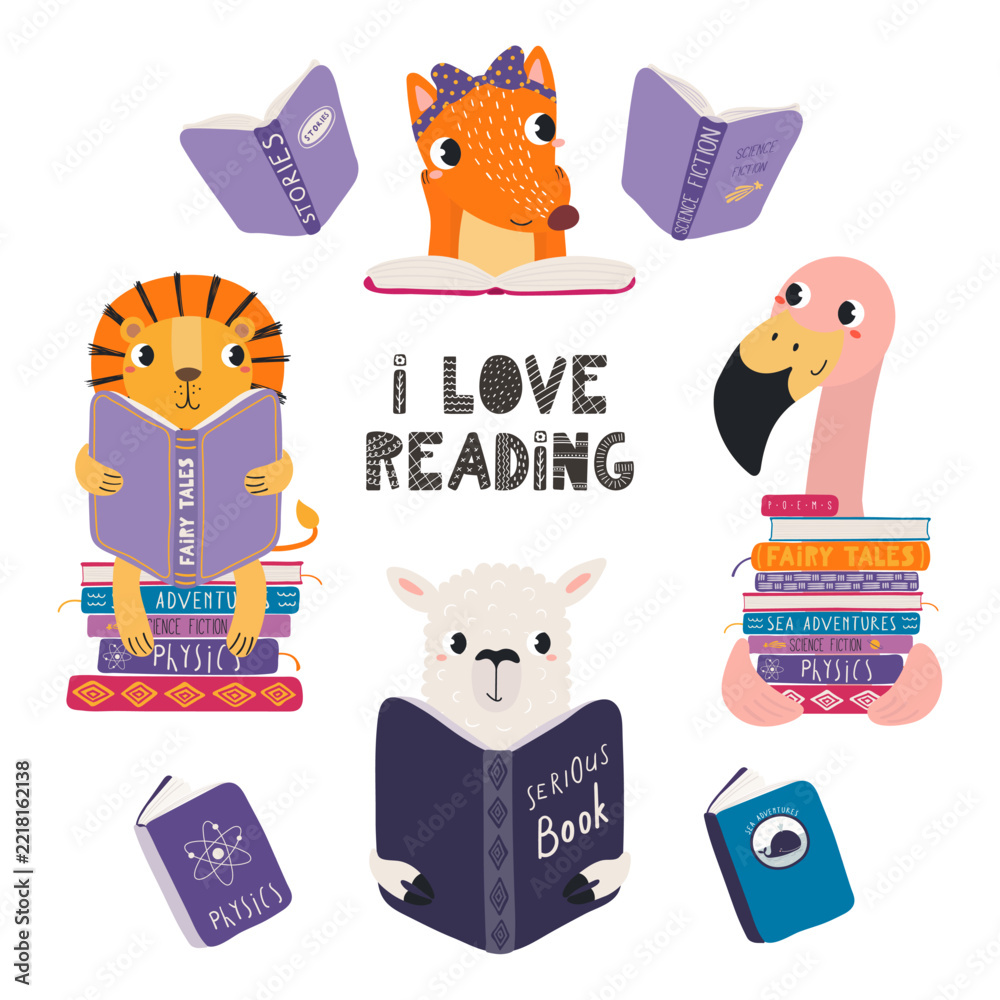 Fototapeta premium Cute animals reading books illustration isolated. Friendly playful cartoon characters. Whimsical kid, nursery print design, clip art element. Hand drawn vector. Back to school, education, library