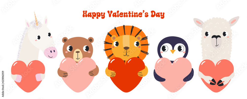 Fototapeta premium Cute animals with hearts for Valentines day illustration isolated. Friendly playful cartoon characters. Whimsical kid, nursery print design, clip art element. Hand drawn vector. Love and friendship