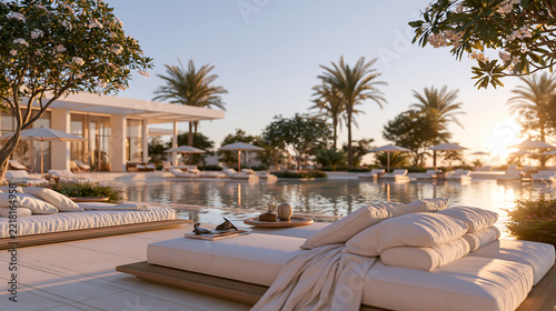luxury resort with an elegant swimming pool and cozy lounge chairs under olive trees at sunset showing a perfect mediterranean holiday and high end hotel experience