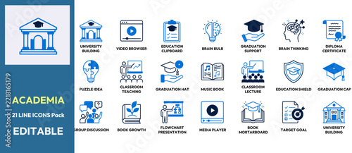 Academia Education Vector Line Icon Set Bundle.