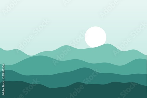 Flat hills landscape at teal minimal, minimal vector style
