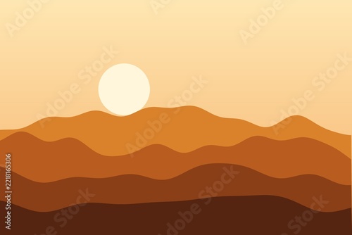 Flat hills landscape at warm autumn sunset, minimal vector style