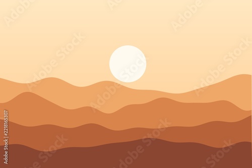 Flat hills landscape at desert sunset, minimal vector style
