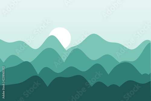 Flat mountain landscape at teal minimal, minimal vector style