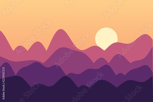 Flat mountain landscape at orange and purple sunset, minimal vector style