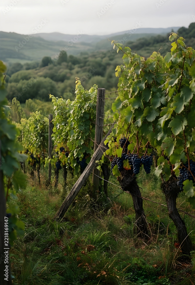 Fototapeta premium Grapevines with ripe grapes in hilly vineyard landscape