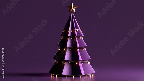 Geometric purple Christmas tree with golden star and string lights on monochrome violet background