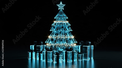 Glowing blue crystal Christmas tree with golden string lights, gift boxes and decorative reindeer