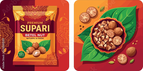 Premium Supari Betel Nut product packaging alongside a traditional bowl of whole and sliced nuts