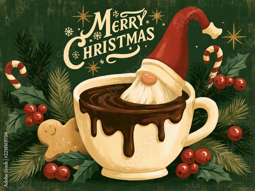 Vintage Merry Christmas illustration with gnome in hot chocolate cup gingerbread candy canes and holly berries