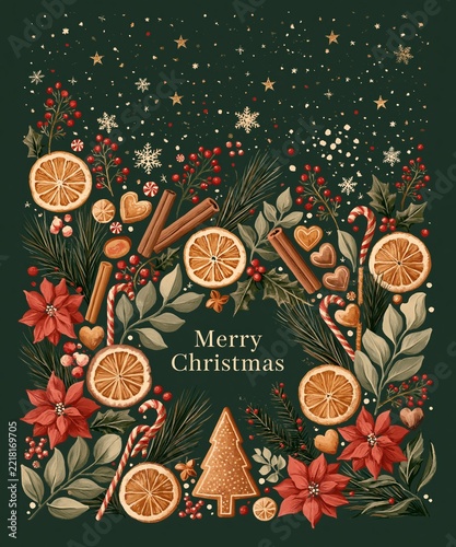 Vintage Merry Christmas folk art illustration with poinsettia dried oranges candy canes and winter botanicals