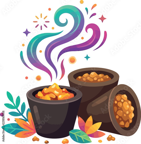 Small pots containing aromatic burning substances with vibrant colorful swirling smoke for rituals